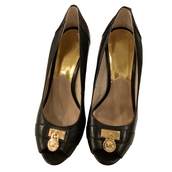 Michael Kors Shoes - Michael Kors Black Peep Toe and Gold Wedges SIZE 8
